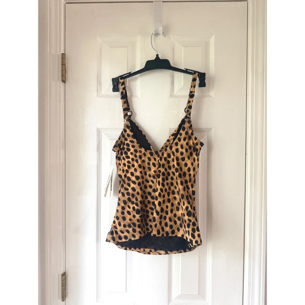 DKNY Leopard Print Tankini Top V-Neck Ruched Swimwear Tan Black DIMKS208 Small - Picture 3 of 3